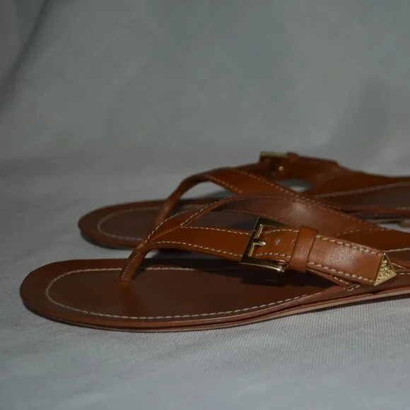 $995 Sz 37 6.5 Prada Brown Leather Calfskin Buckle Flat Thong Sandals - Picture 3 of 12